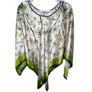 Satin Scarf Floral Butterfly Poncho Cream/Green Medium Women’s Blouse Fairy Boho